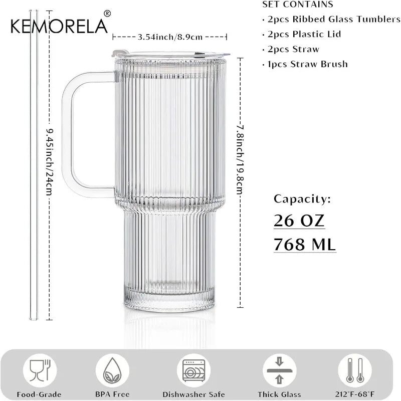 760ML Ribbed Glass Tumbler with Handle Lid 1/2/4PCS Large Iced Coffee Cups with Straws Modern Glass Mug for Cold & Hot Beverages