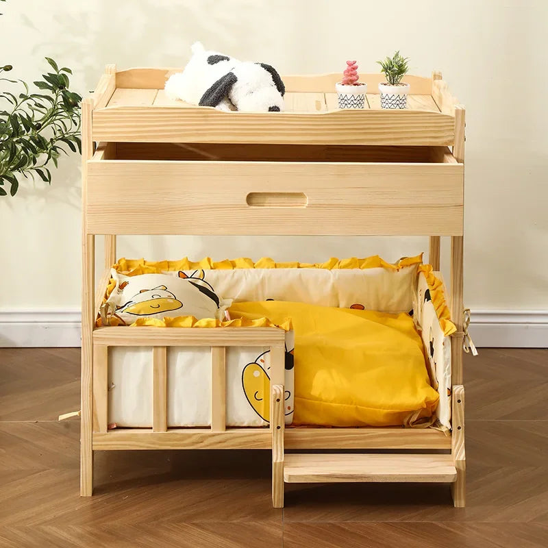 2-Layer Solid Wood Princess Bed for Pets Universal Cat and Dog Bed Breathable Pet Shelter Climbing Ladder for Cats and Dogs