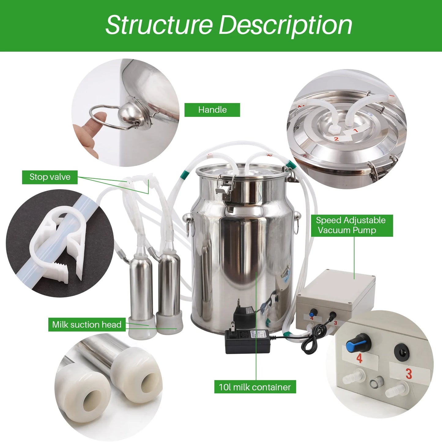 10L Electric Automatic Cattle Milking Machine 220V Goat Pulsating Milking Machine Stainless Steel Milker Bucket Vacuum Pump