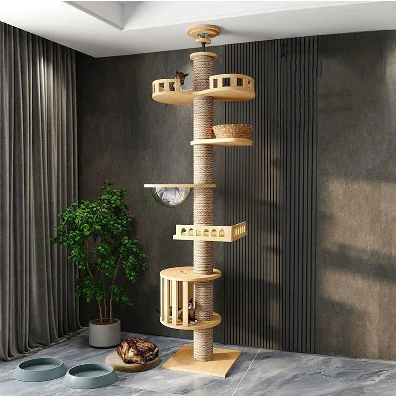 Cat Tree 5-Tier Floor to Ceiling Cat Tower Cactus Tall Climbing Tree with Scratching Post Hammock Dangling Ball for Indoor Cats