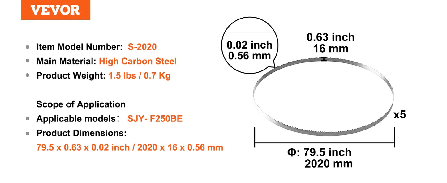 SucceBuy Band Saw Blade 65x0.63x0.02 inch 5 Pack Meat Bandsaw Blades for Replacement Carbon Steel Commercial Bone Saw Machines