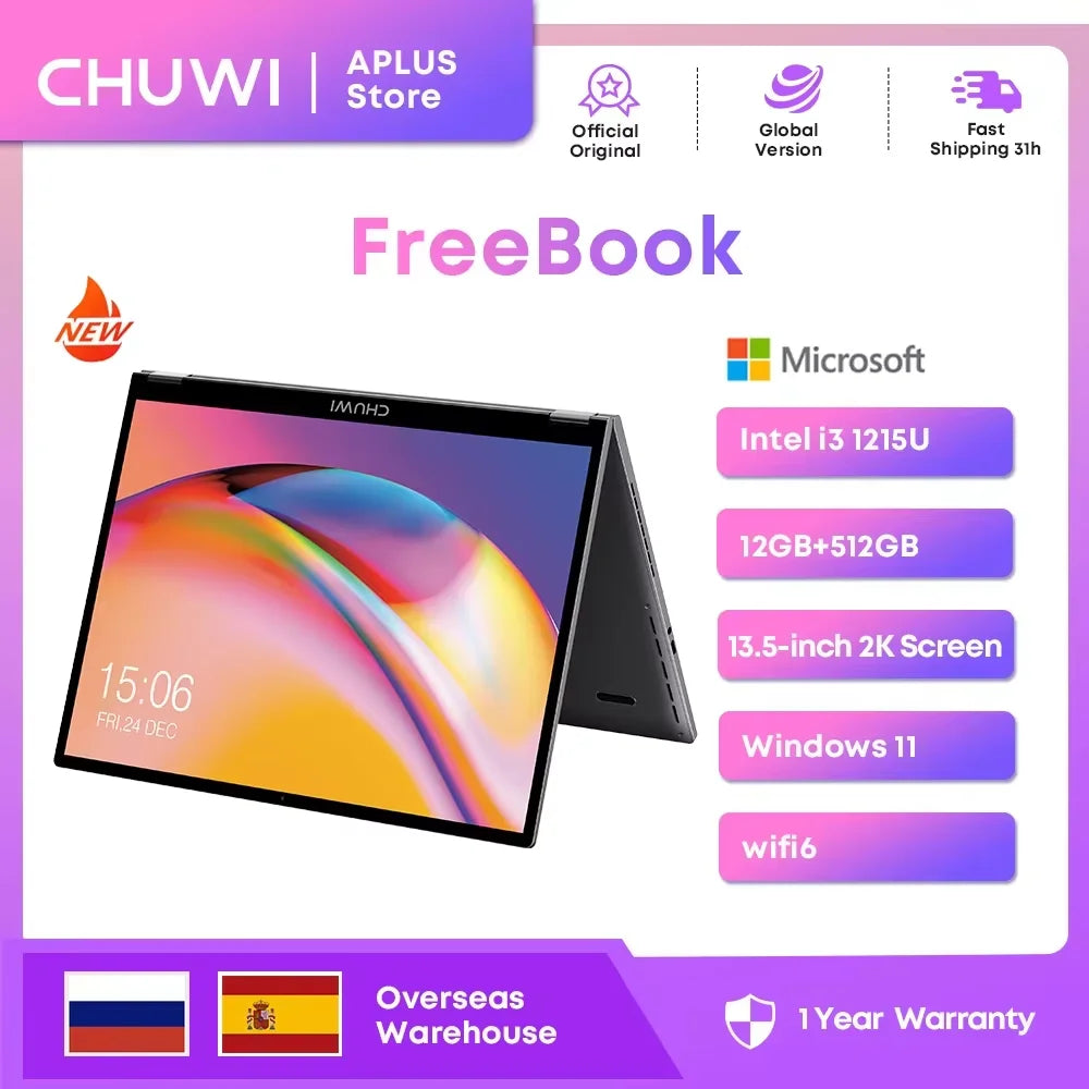 CHUWI FreeBook Laptop Tablet 2 In 1 Intel N100/i3 1215U 13.5 Inch Touch Screen 12GB LPDDR5 512G SSD Computer Notebook Laptops