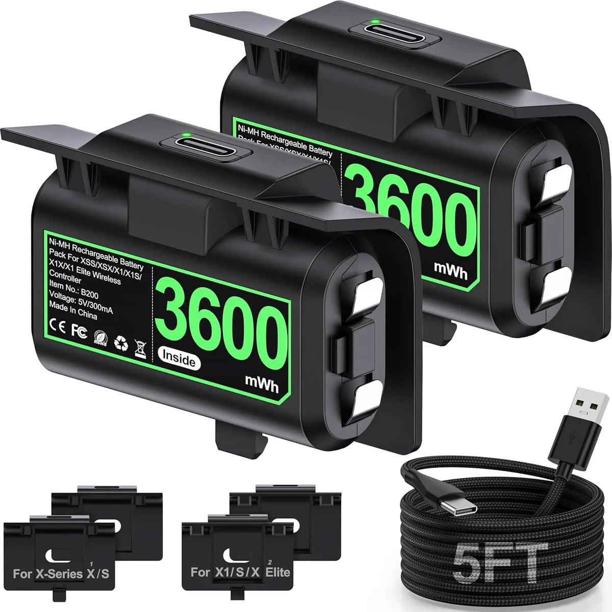 BEBONCOOL B200 for Xbox One/Series X/S Rechargeable Battery PackPlay Charge Kit with Xbox Battery Covers & Charging Cable