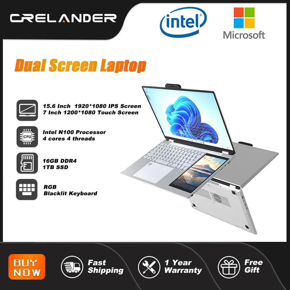 CRELNADER Dual Screen Laptop 7 Inch Touch Screen Metal Case RGB Backlit Fingerprint Unlock Window 11 Ultrathin Laptops Notebook
