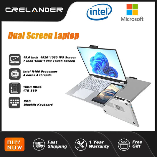 CRELNADER Dual Screen Laptop 7 Inch Touch Screen Metal Case RGB Backlit Fingerprint Unlock Window 11 Ultrathin Laptops Notebook