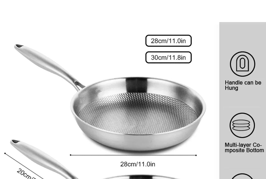 304 Stainless Steel Wok Non-Stick Frying Pan Steak Frying Pan Uncoated Kitchen Cookware Suitable For Gas Stove Induction Cooker