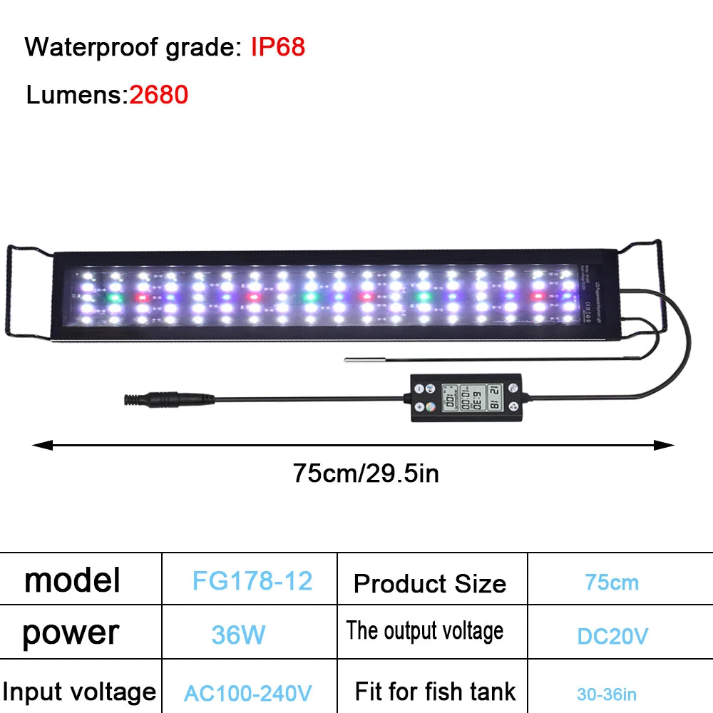 75-90CM Aquarium 24/7 Full Spectrum Lighting LED Light With Thermometer And Memory Function IP68 Fish Tank Plant Growth Lamp