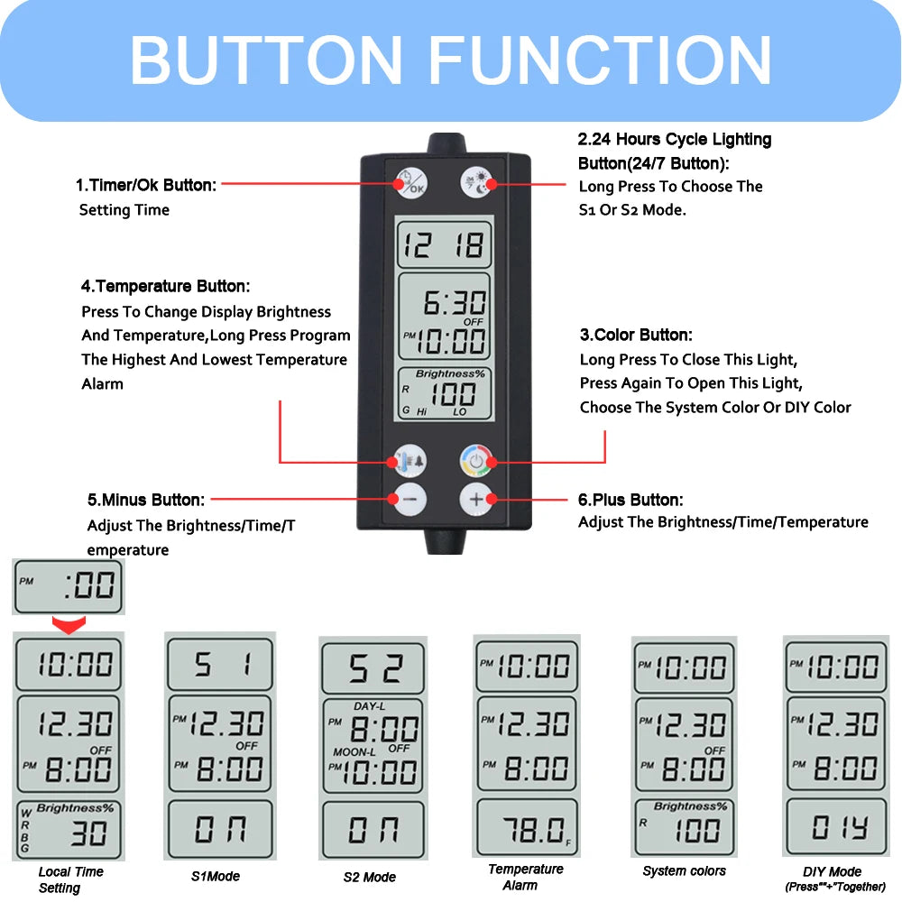 75-90CM Aquarium 24/7 Full Spectrum Lighting LED Light With Thermometer And Memory Function IP68 Fish Tank Plant Growth Lamp