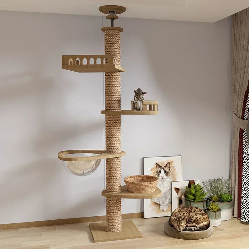 Cat Tree 5-Tier Floor to Ceiling Cat Tower Cactus Tall Climbing Tree with Scratching Post Hammock Dangling Ball for Indoor Cats