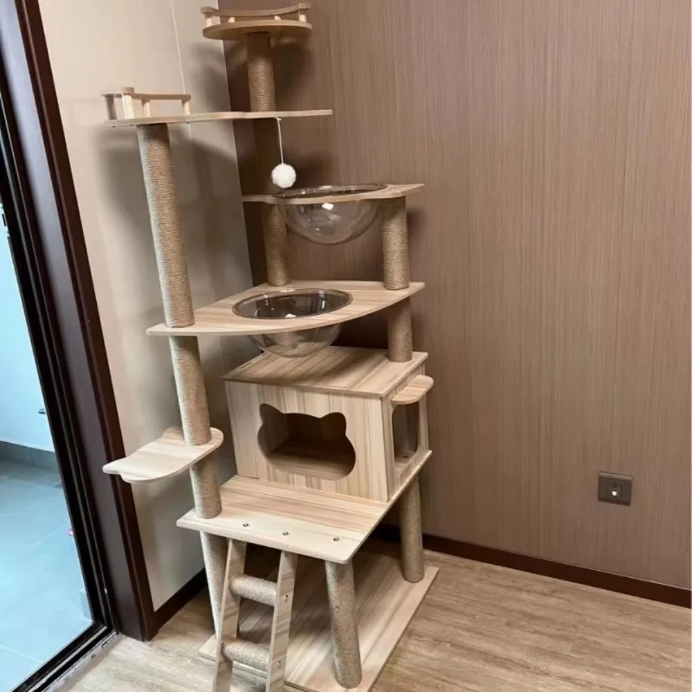 Cat Tree House Sisal Rope Adjustable Multi-Level Floor To Ceiling Cat Tower Cats Condo Pet Products With Scratching Post Hammock