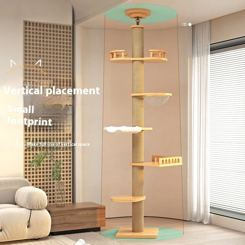 Cat Tree 5-Tier Floor to Ceiling Cat Tower Cactus Tall Climbing Tree with Scratching Post Hammock Dangling Ball for Indoor Cats