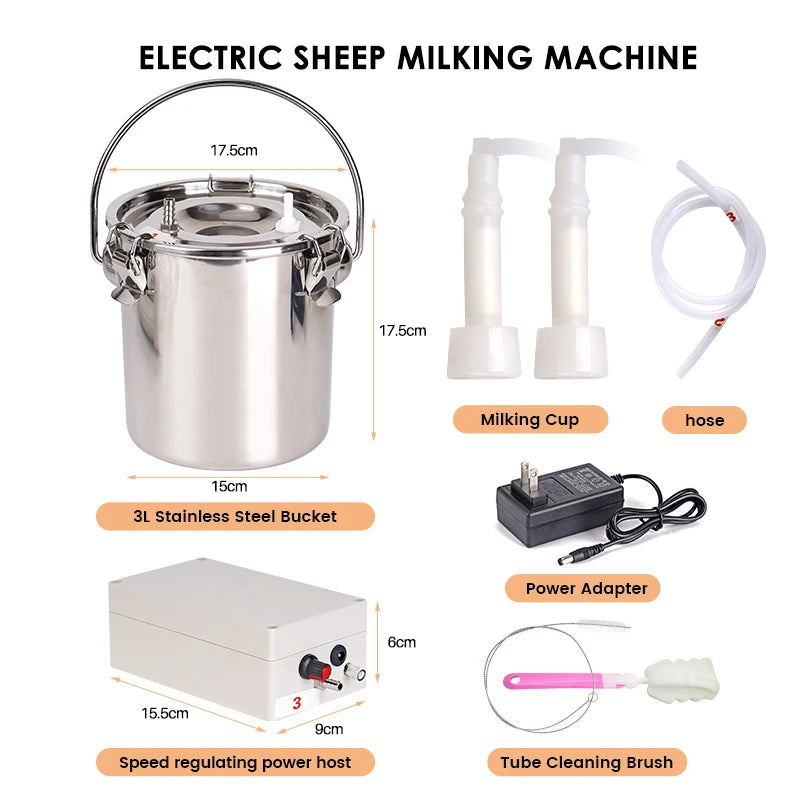 3L Electric Cow Goat Milking Machine Automatic Stop Cattle Pulsating Milking Machine Stainless Steel Milker Bucket Vacuum Pump