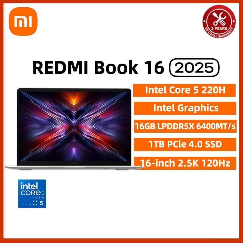 Xiaomi REDMI Book 16 Laptop 2025 Intel Core 5 Processor 220H Intel Graphics 16G/32G RAM 1TB SSD 16-inch 2.5K Screen Notebook PC