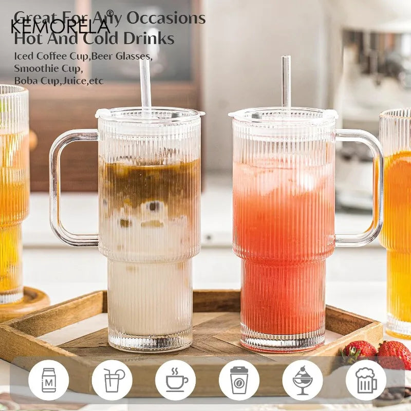 760ML Ribbed Glass Tumbler with Handle Lid 1/2/4PCS Large Iced Coffee Cups with Straws Modern Glass Mug for Cold & Hot Beverages