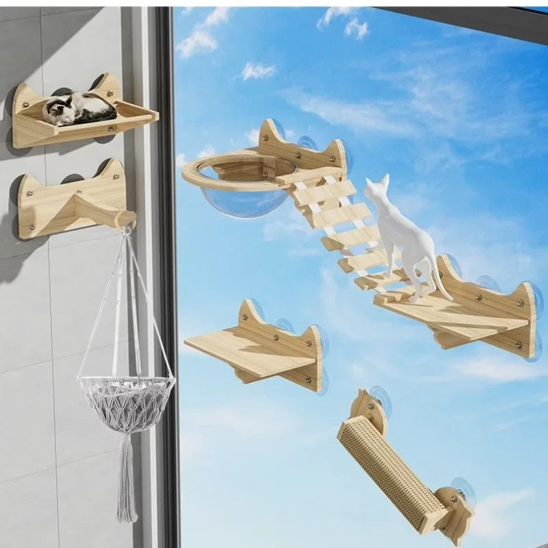 Suction Cup Cat Climbing Wooden Wall Jumping Cats Space Capsule Cat Nest Hanging Basket Pet Products Supplies Furniture
