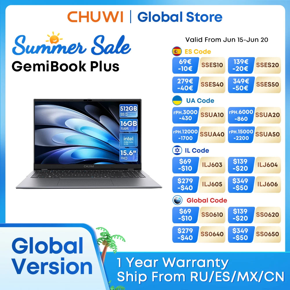 CHUWI GemiBook Plus Laptop Intel N100 Graphics for 12th Gen 15.6" 1920*1080P 16GB RAM 512GB SSD With Cooling Fan Windows 11
