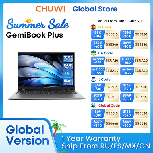 CHUWI GemiBook Plus Laptop Intel N100 Graphics for 12th Gen 15.6" 1920*1080P 16GB RAM 512GB SSD With Cooling Fan Windows 11