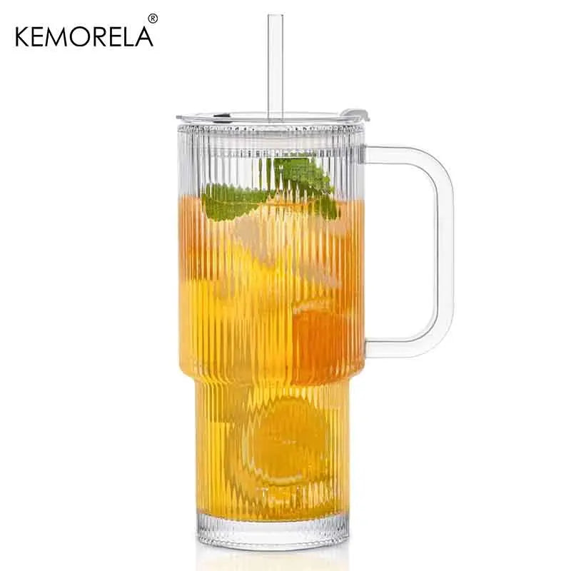 760ML Ribbed Glass Tumbler with Handle Lid 1/2/4PCS Large Iced Coffee Cups with Straws Modern Glass Mug for Cold & Hot Beverages
