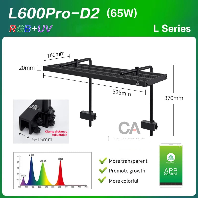 WEEK AQUA L Series,  Aquarium LED Grow Lamp for Plants, App Control, Aquariums Equipment Lighting, RGB + UV,Adjustable width