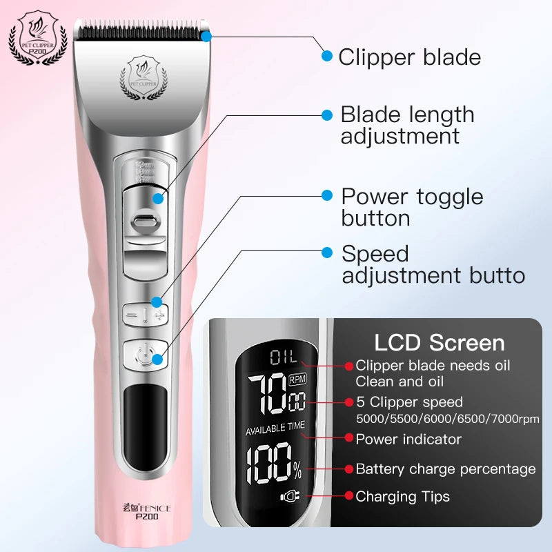 Fenice Pink Dog Hair Cutting Machine 5000mA Capacity Cordless LCD Screen Pets Dog Grooming Clippers Rechargeable Haircut Shaver