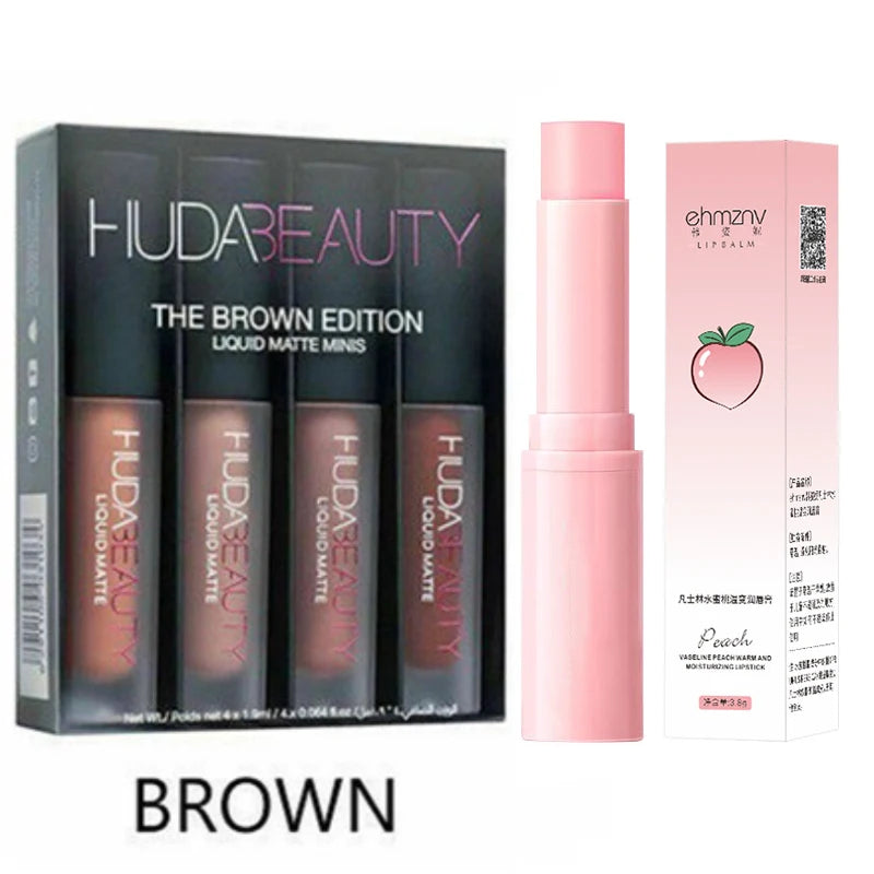 4pcs Lipstick Moisturizing Balm Set Matte Lip Gloss Lip Glaze Tint Non-stick Non-Fading Lips Huda Lip Makeup Cosmetic Lip Care