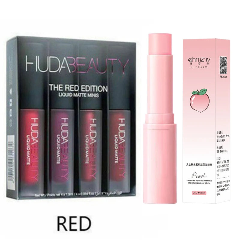4pcs Lipstick Moisturizing Balm Set Matte Lip Gloss Lip Glaze Tint Non-stick Non-Fading Lips Huda Lip Makeup Cosmetic Lip Care