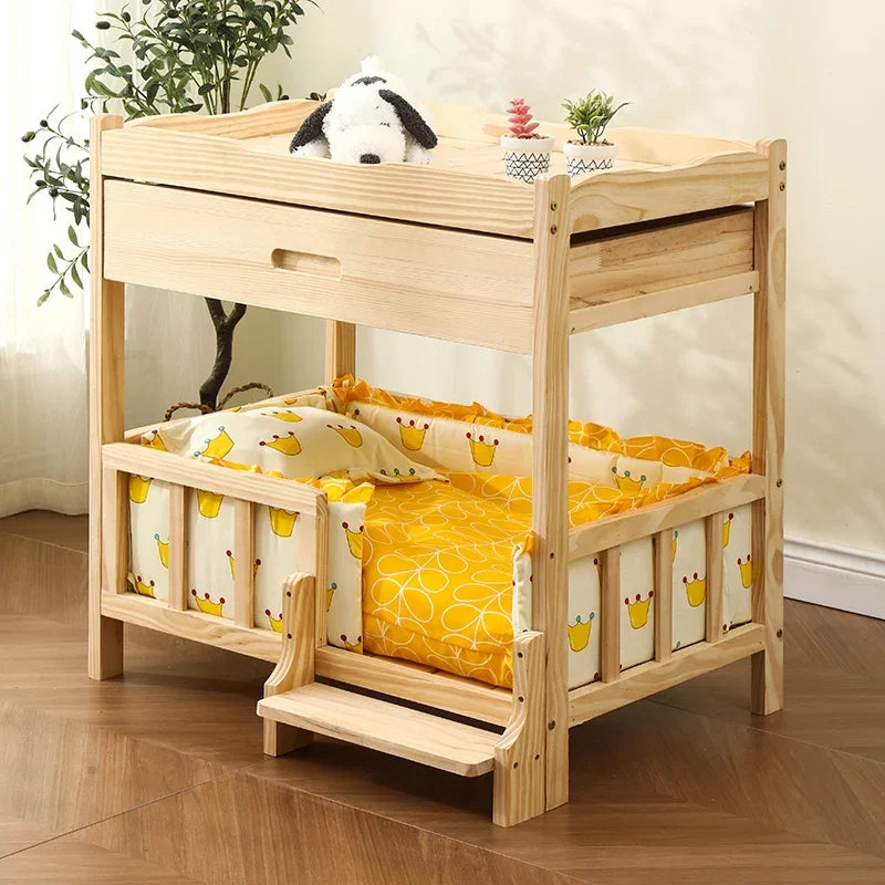 2-Layer Solid Wood Princess Bed for Pets Universal Cat and Dog Bed Breathable Pet Shelter Climbing Ladder for Cats and Dogs