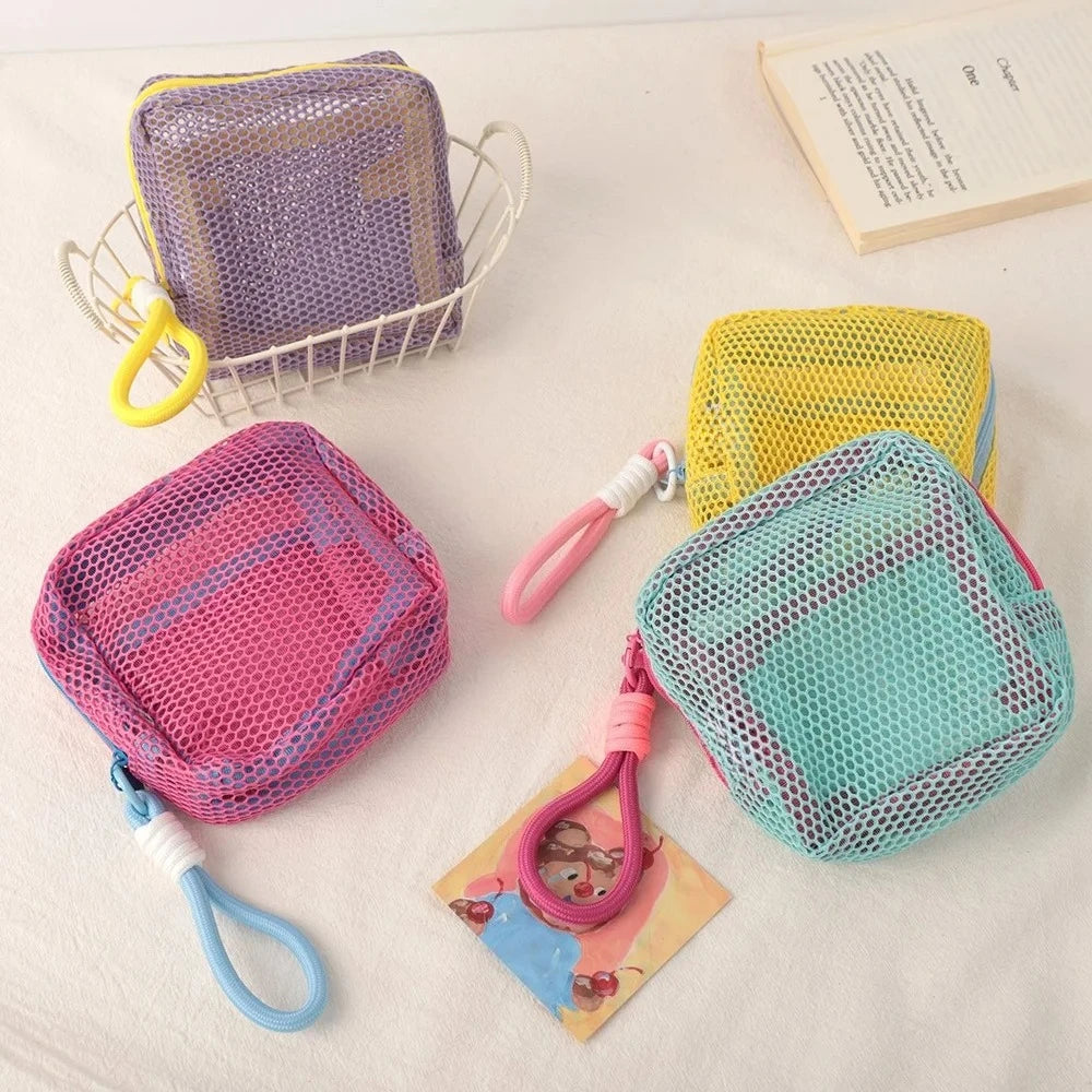 Mini Square Mesh Cosmetic Bag Zipper Storage Pouch Wristlet, Travel Organizer Coin Purse Key Holder Stationery Case Cute Gift