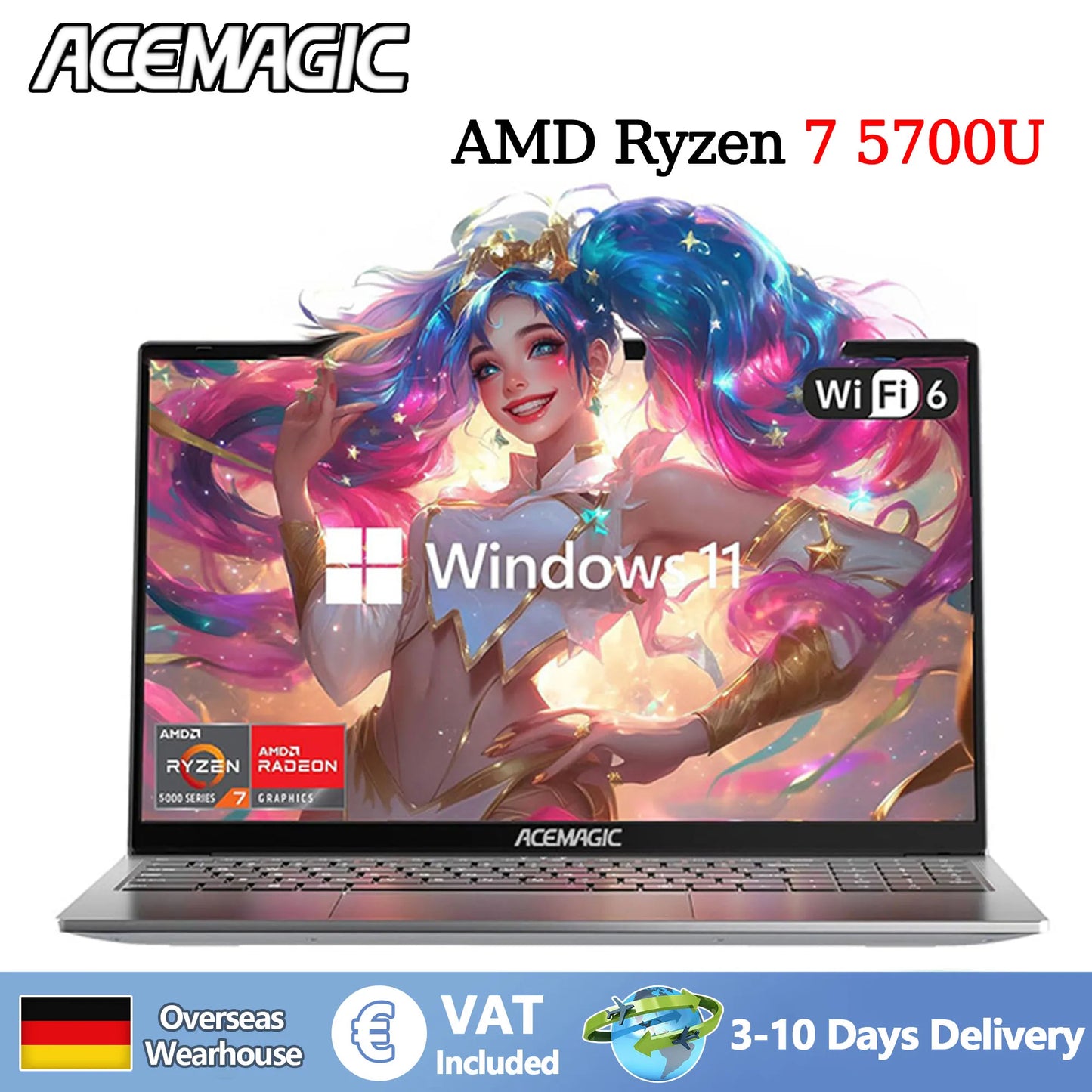 ACEMAGIC Gaming Laptop AMD Ryzen 7 5700U Radeon RX Vega 8 Graphics 15.6“FHD Display 16GB RAM 512GB NVMe SSD Laptop Computer