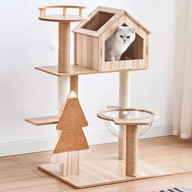 Cat Tree House Sisal Rope Adjustable Multi-Level Floor To Ceiling Cat Tower Cats Condo Pet Products With Scratching Post Hammock