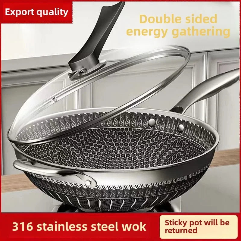 Double-sided screen 316 stainless steel wok Non-coated wok non-stick household induction cooker gas universal wok