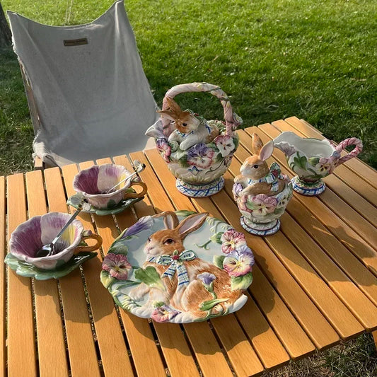 American Hand-painted Ceramic Dinner Set Rabbit Teapot Coffee Cup Plates for Enchanting Garden Afternoon TeaVintage Tableware
