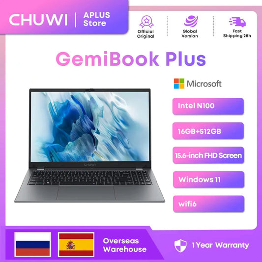 CHUWI GemiBook Plus Laptop 15.6'' FHD 1920 * 1080 16GB LPDDR5 512GB SSD Intel Alder Lake N100  WiFi 6 Windows 11 Laptops