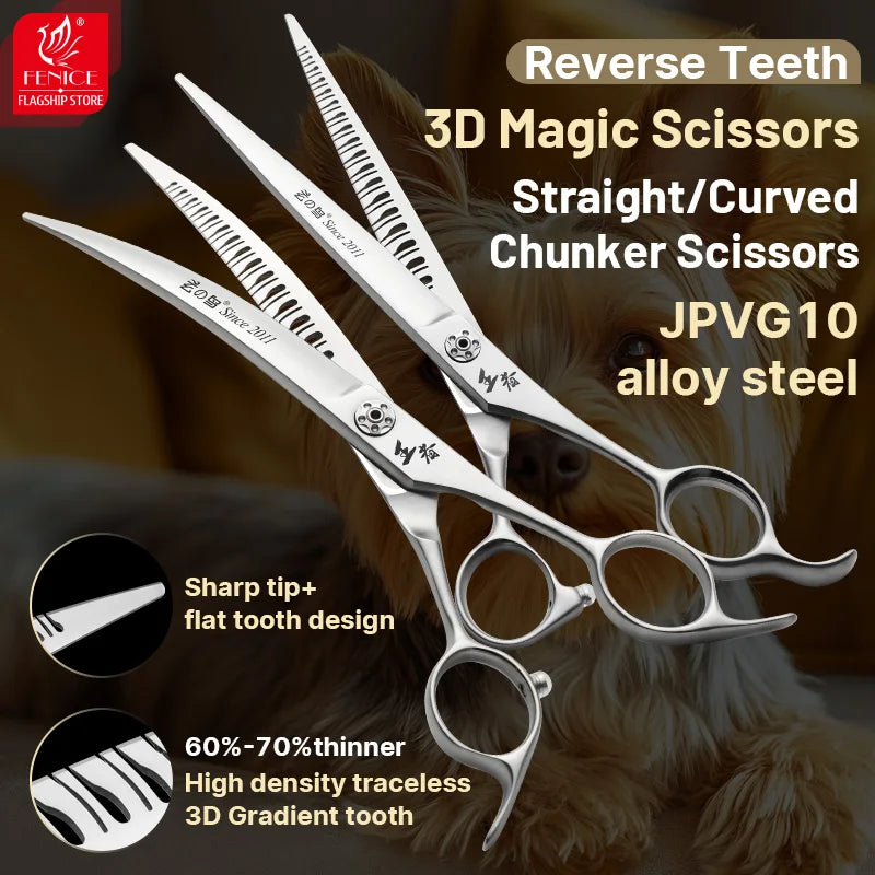 Fenice High-grade JP VG10 Steel Straight&25° Curved Reverse blade Natural Chunker Pet Trimming Scissors Shear Anti-loosing Screw
