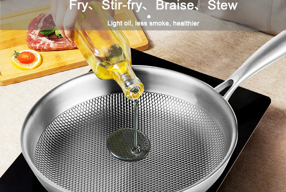 304 Stainless Steel Wok Non-Stick Frying Pan Steak Frying Pan Uncoated Kitchen Cookware Suitable For Gas Stove Induction Cooker