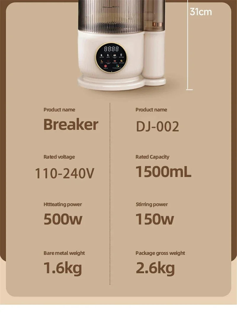 1500ML Electric Juicer Ice Crusher Food Blender For Kitchen Soy Milk & Juice Maker with High-Tech Glass Wall breaking machine