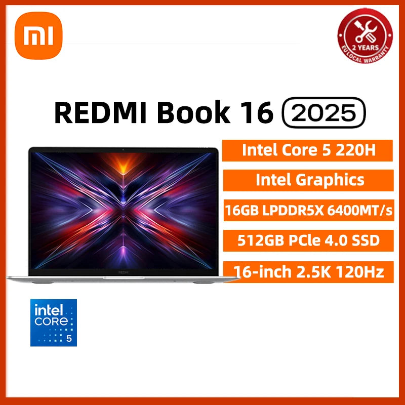 Xiaomi REDMI Book 16 Laptop 2025 Intel Core 5 Processor 220H Intel Graphics 16G/32G RAM 1TB SSD 16-inch 2.5K Screen Notebook PC