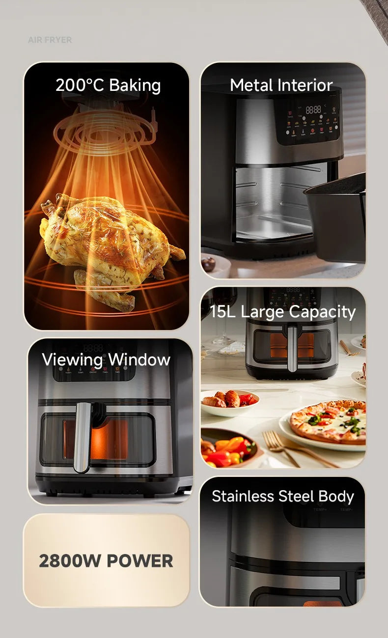 15L Stainless steel Electric Air Fryer Household Large Capacity Intelligent Kitchen Cooker Toaster Oven Combo Digital Display
