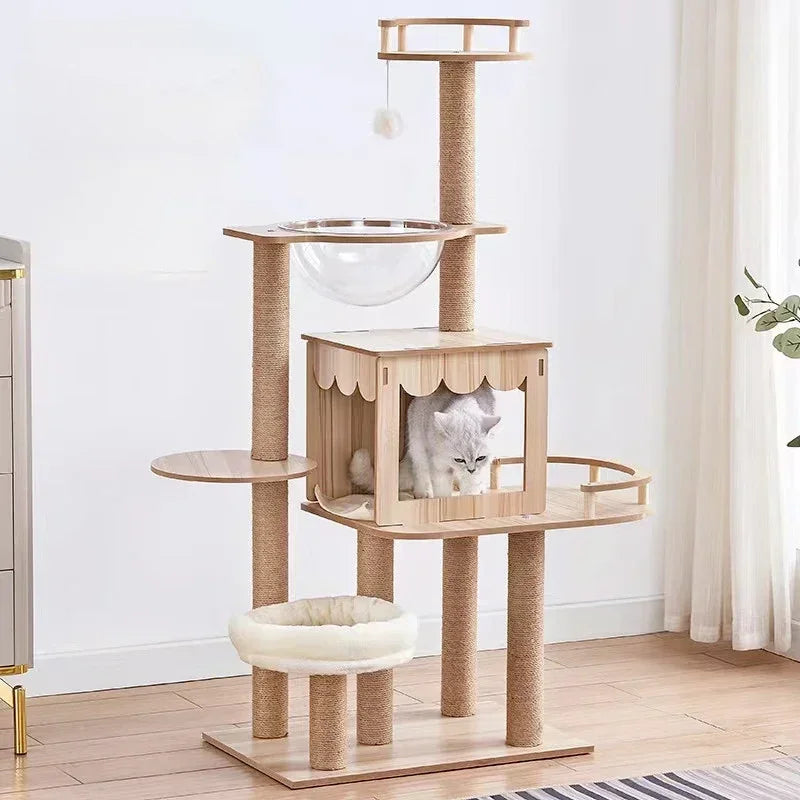 Cat Tree House Sisal Rope Adjustable Multi-Level Floor To Ceiling Cat Tower Cats Condo Pet Products With Scratching Post Hammock