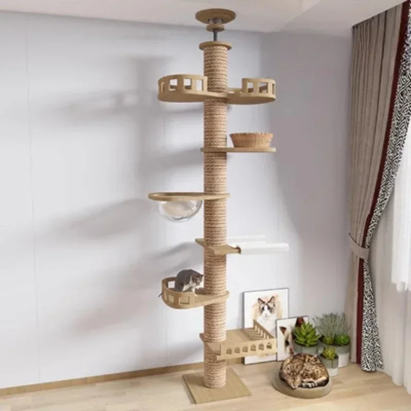 Cat Tree 5-Tier Floor to Ceiling Cat Tower Cactus Tall Climbing Tree with Scratching Post Hammock Dangling Ball for Indoor Cats