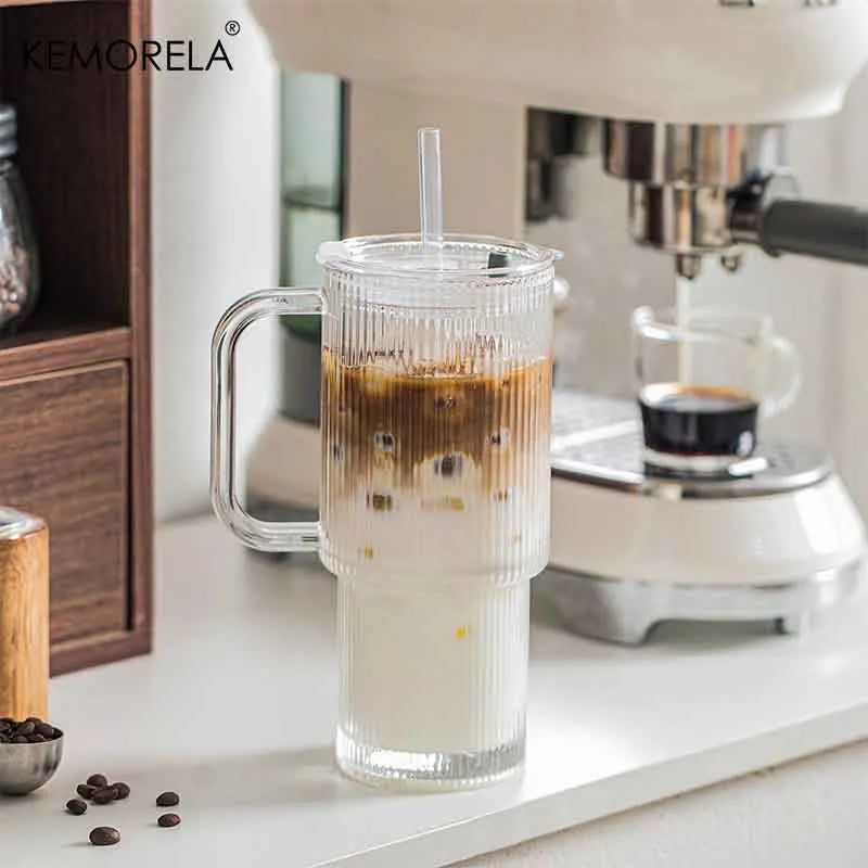 760ML Ribbed Glass Tumbler with Handle Lid 1/2/4PCS Large Iced Coffee Cups with Straws Modern Glass Mug for Cold & Hot Beverages