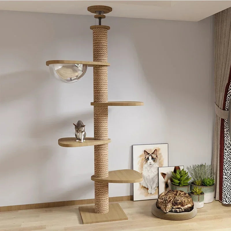 Cat Tree 5-Tier Floor to Ceiling Cat Tower Cactus Tall Climbing Tree with Scratching Post Hammock Dangling Ball for Indoor Cats