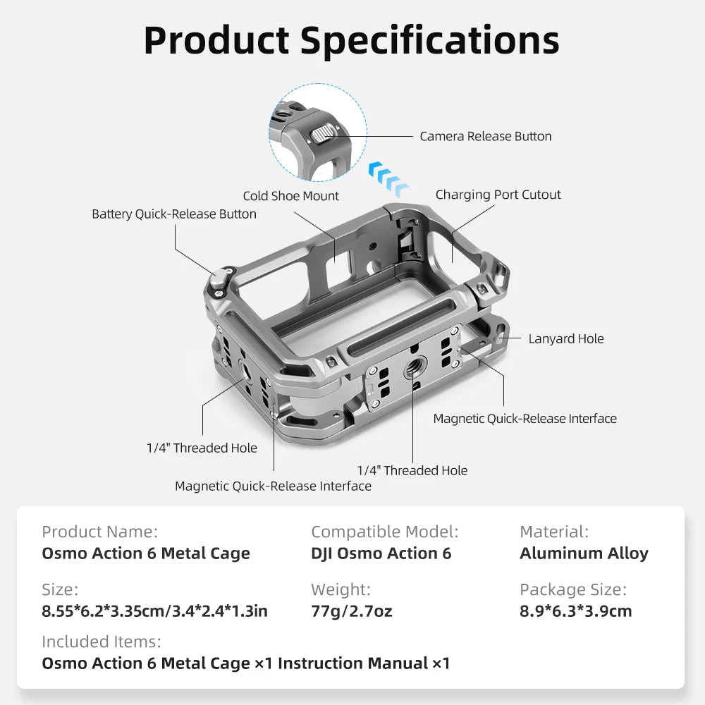 For DJI Osmo Action 6 Metal Rabbit Cage Aluminum Alloy Expansion Mount Bracket All-round Protection Frame Camera Accessories
