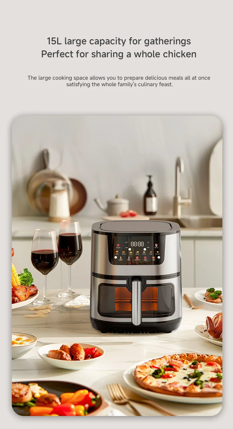 15L Stainless steel Electric Air Fryer Household Large Capacity Intelligent Kitchen Cooker Toaster Oven Combo Digital Display