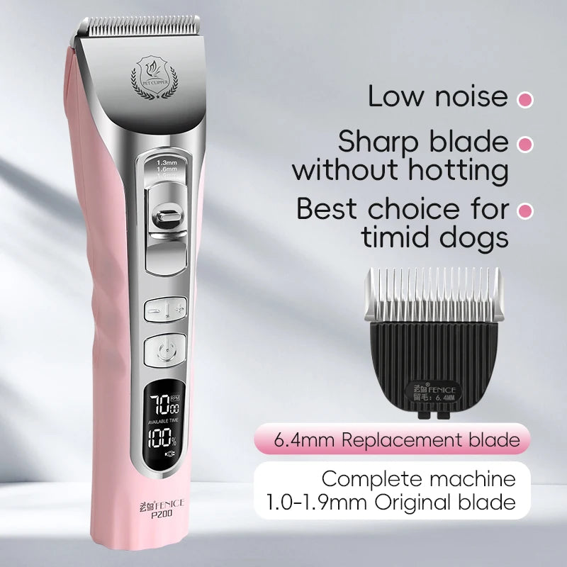 Fenice Pink Dog Hair Cutting Machine 5000mA Capacity Cordless LCD Screen Pets Dog Grooming Clippers Rechargeable Haircut Shaver