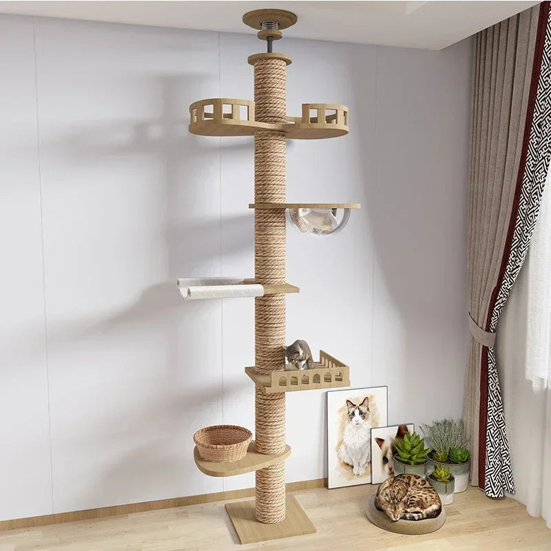 Cat Tree 5-Tier Floor to Ceiling Cat Tower Cactus Tall Climbing Tree with Scratching Post Hammock Dangling Ball for Indoor Cats