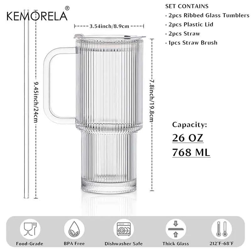 760ML Ribbed Glass Tumbler with Handle Lid 1/2/4PCS Large Iced Coffee Cups with Straws Modern Glass Mug for Cold & Hot Beverages