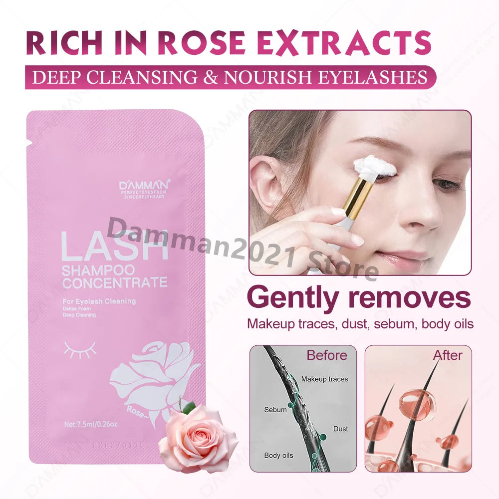 DAMMAN New Upgrades 7.5ml Eyelash Extensions Shampoo Non-irritation Lash Shampoo Concentrate Lashes Cleansing Mousse Makeup Tool