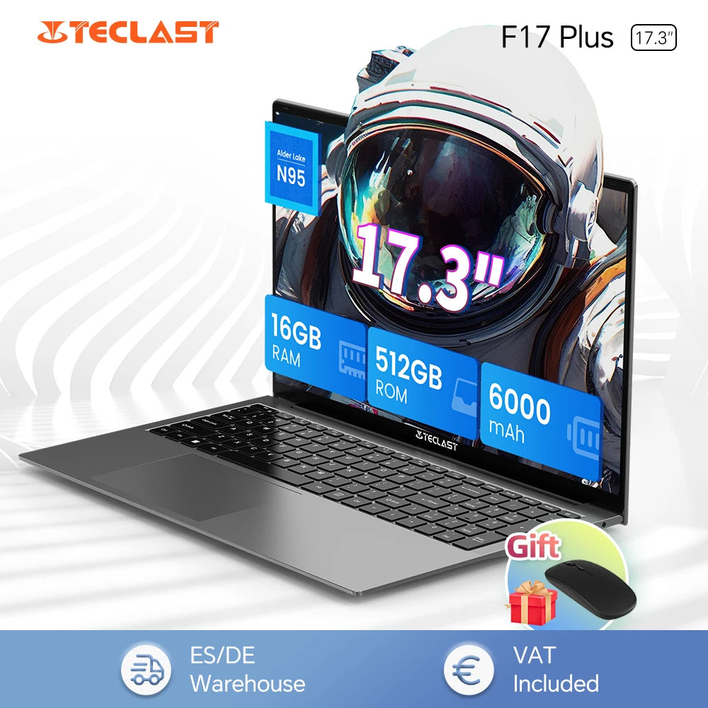 Teclast F17Plus Laptop 17.3 inch, 16GB RAM 512GB SSD, Intel N95, Windows 11 Pro Notebook, 180° Flip Laptops Computer, Backlit Keyboard, mini-HDMI，USB 3.2x3