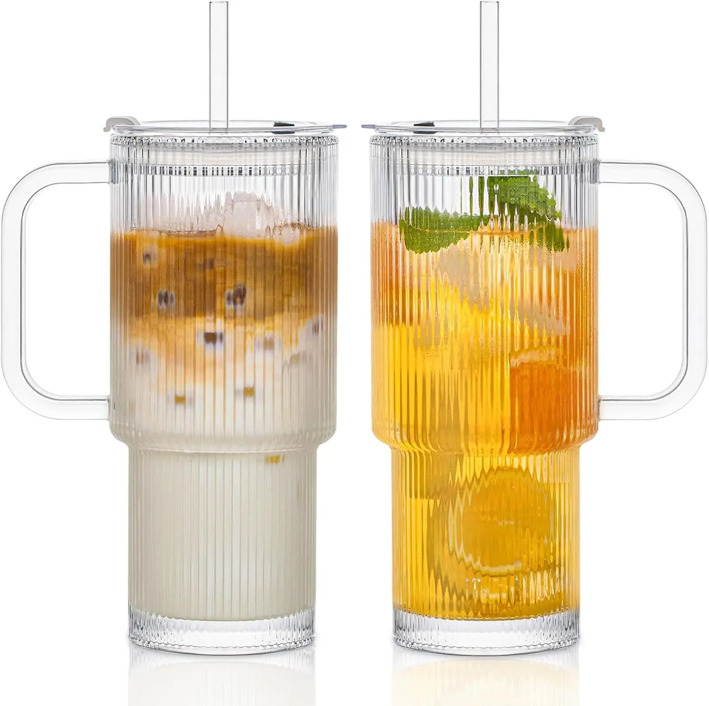 760ML Ribbed Glass Tumbler with Handle Lid 1/2/4PCS Large Iced Coffee Cups with Straws Modern Glass Mug for Cold & Hot Beverages